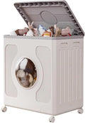 Le panier a linge combine des elements en plastique avec un format compact