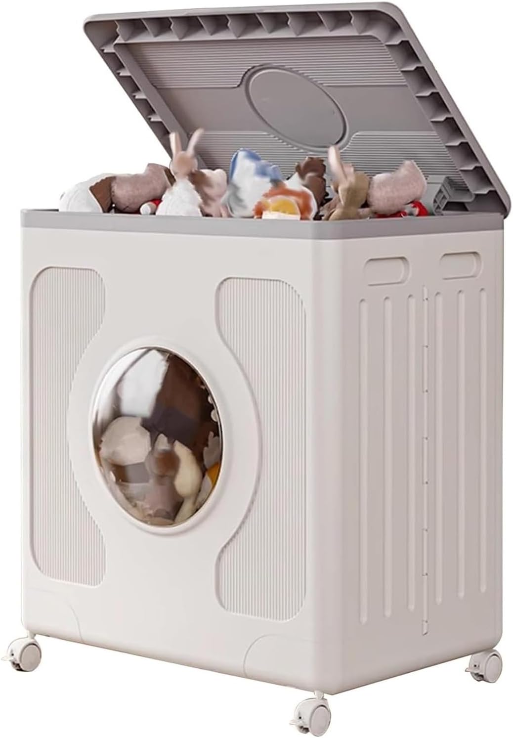 Le panier a linge combine des elements en plastique avec un format compact