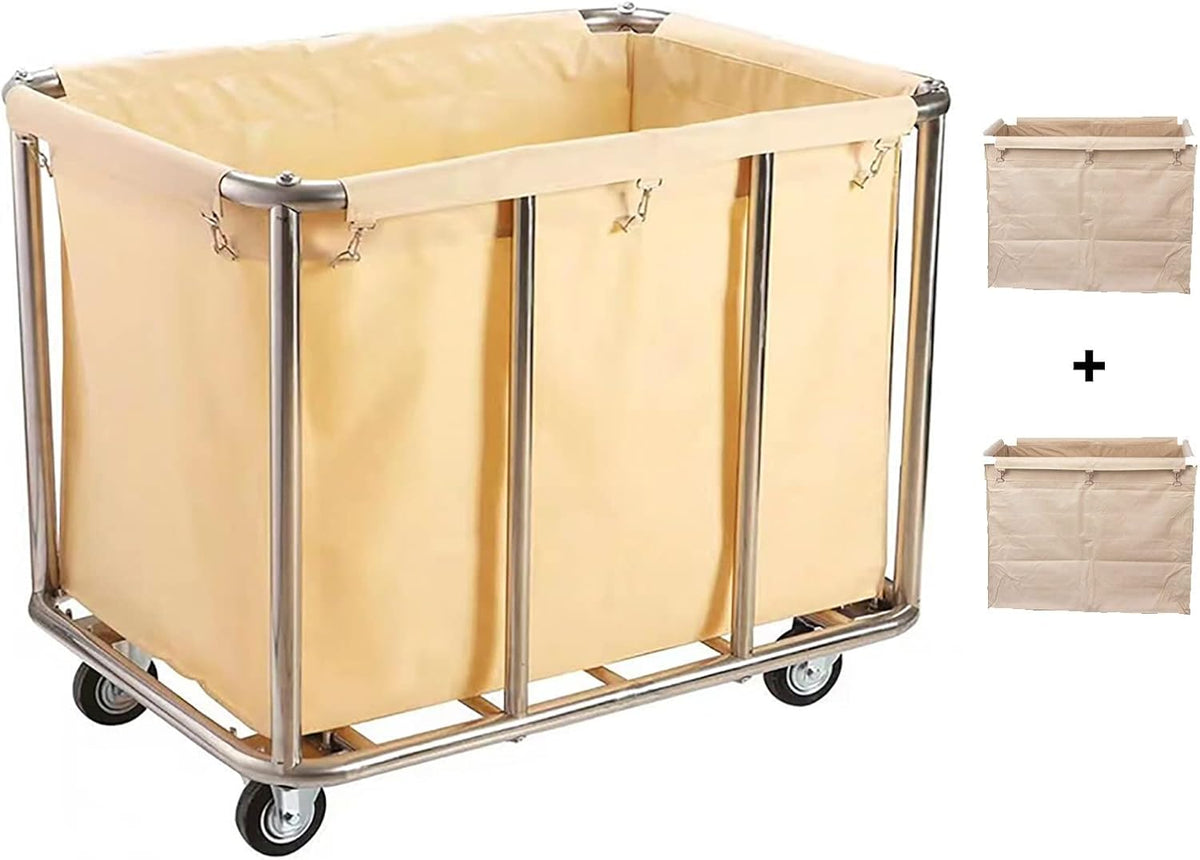 Un chariot a linge combine des roulettes avec une finition en acier inoxydable