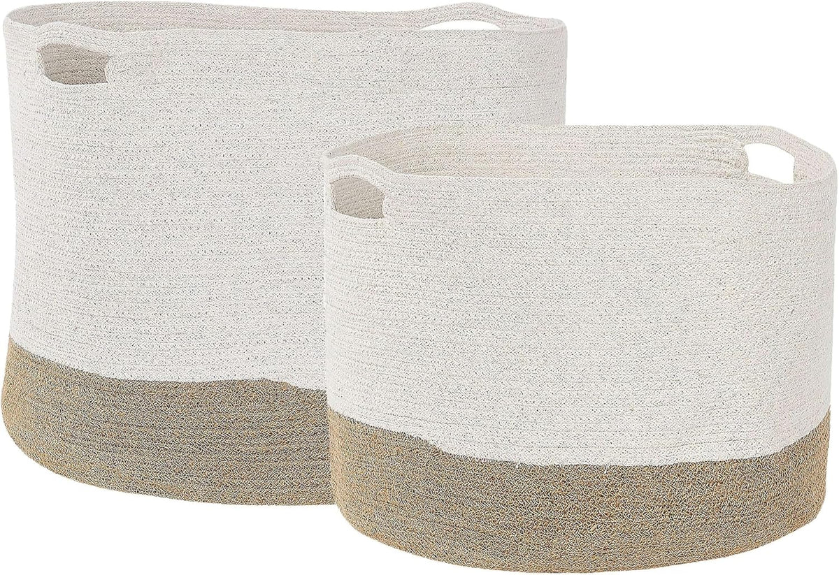 Le panier a linge avec un revetement en coton en coloris blanc et beige